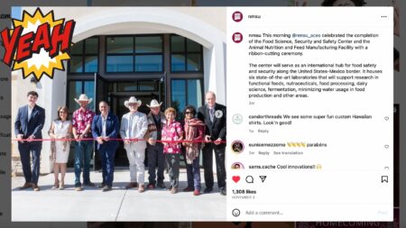 A screenshot of New Mexico State's Instagram, showing a ribbon cutting ceremony. Two of the attendees are wearing red Hawaiian shirts.